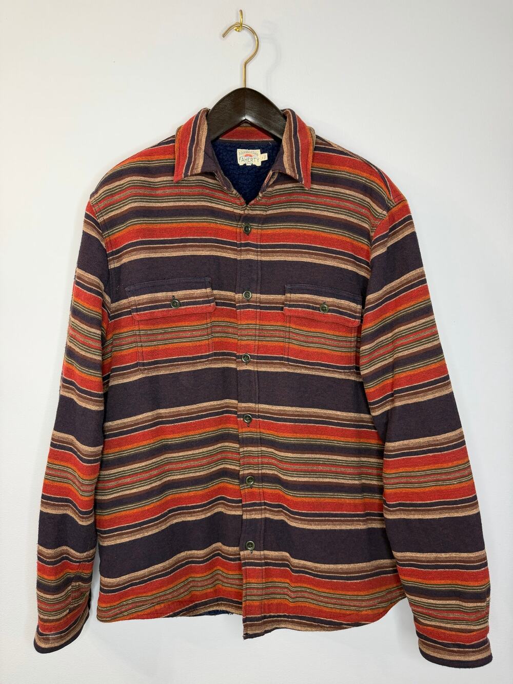 Faherty Flannel Shirt Jacket Overshirt Sherpa Fleece Lined Orange Striped Sz L